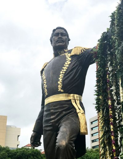 King Kamehameha III, 12' bronze sculpture by Thomas Jay Warren, NSS. Stands in Thomas Square Park, Hawaii