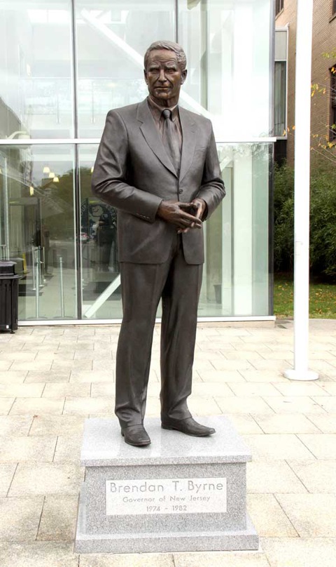 Governor Brendan Byrne, 7’ tall bronze  sculpture portrait by Thomas Jay Warren, NSS. Stands at Veterans Courthouse, Essex County, New Jersey
